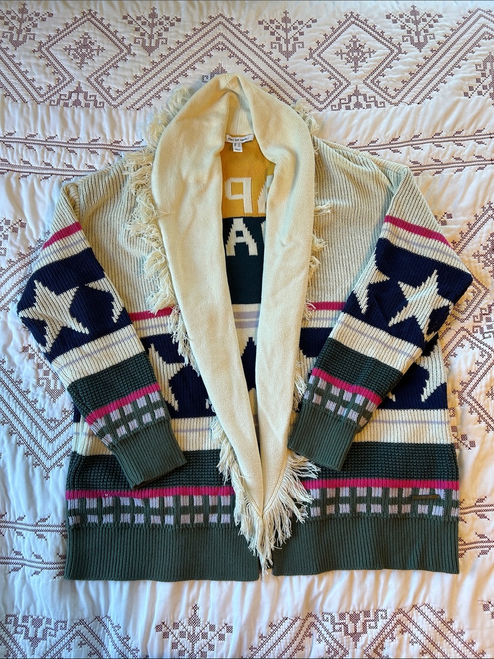 Peace Love World Cream, Navy, Green & Pink Star Happy Day Fringe Cardigan